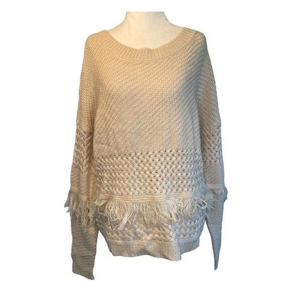 Jack BB Dakota Mix it Up Fringe Sweater Beige Knit Crewneck Long Sleeve M - Picture 1 of 9